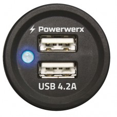 Powerwerx Panel Mount Dual USB 4.2A Device Charger for 12/24VDC SystemsPanel
